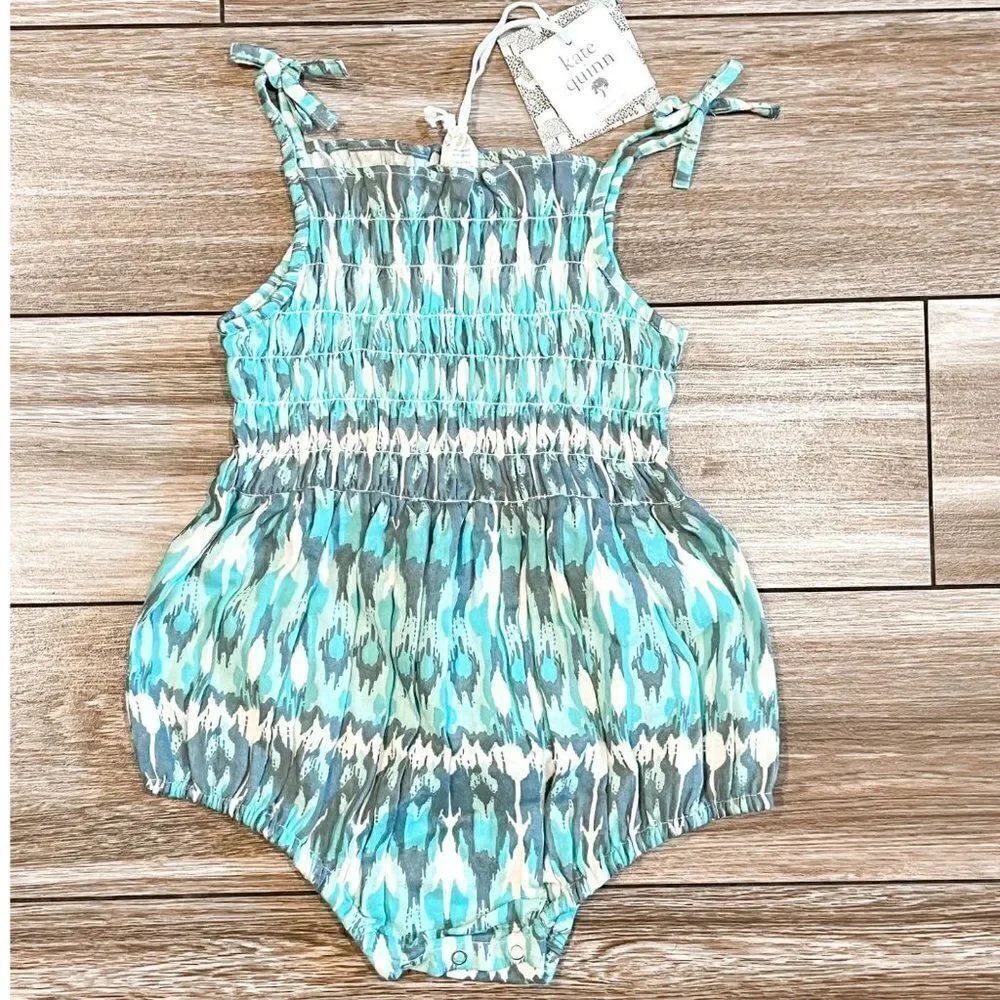 NWT! Kate Quinn Blue Ikat Smocked Bubble Romper, Size 18-24M